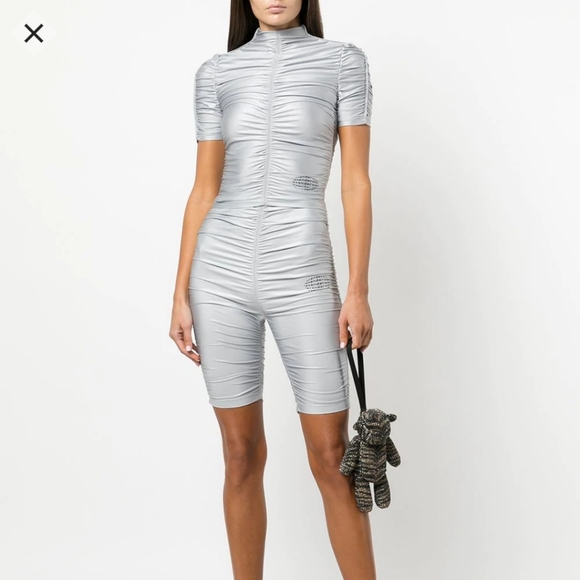 NWT$350 Alexander Wang Ruched Mock Neck Logo Silver Fox Crop Top Back Zip Sz XS - Picture 4 of 15